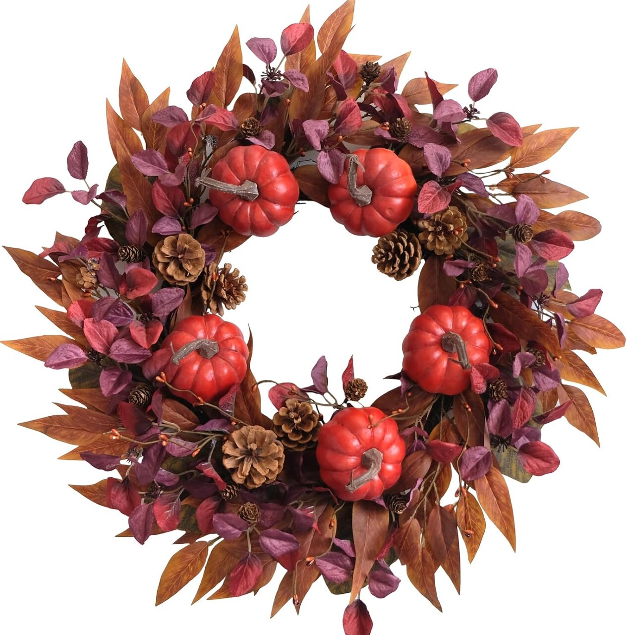 22 Inch Fall Wreath for Front Door(Deep Wine Red, Burgundy, Burnt Orange)14"D x 13"W x 2"H